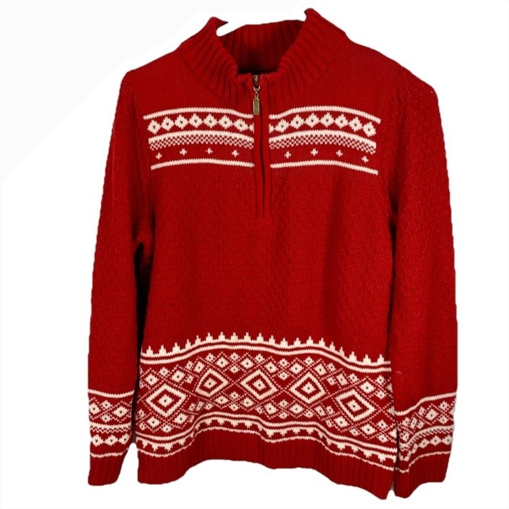 Crofts & Barrow Red Fair Isle Sweater Nordic 1/4 Zip‎ Women M Valentines Ski